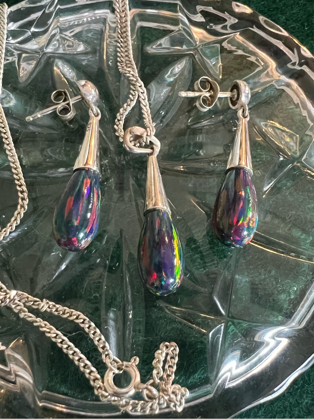 Sterling Silver Black Opal Teardrop Necklace & Earrings Set - Picture 5 of 11